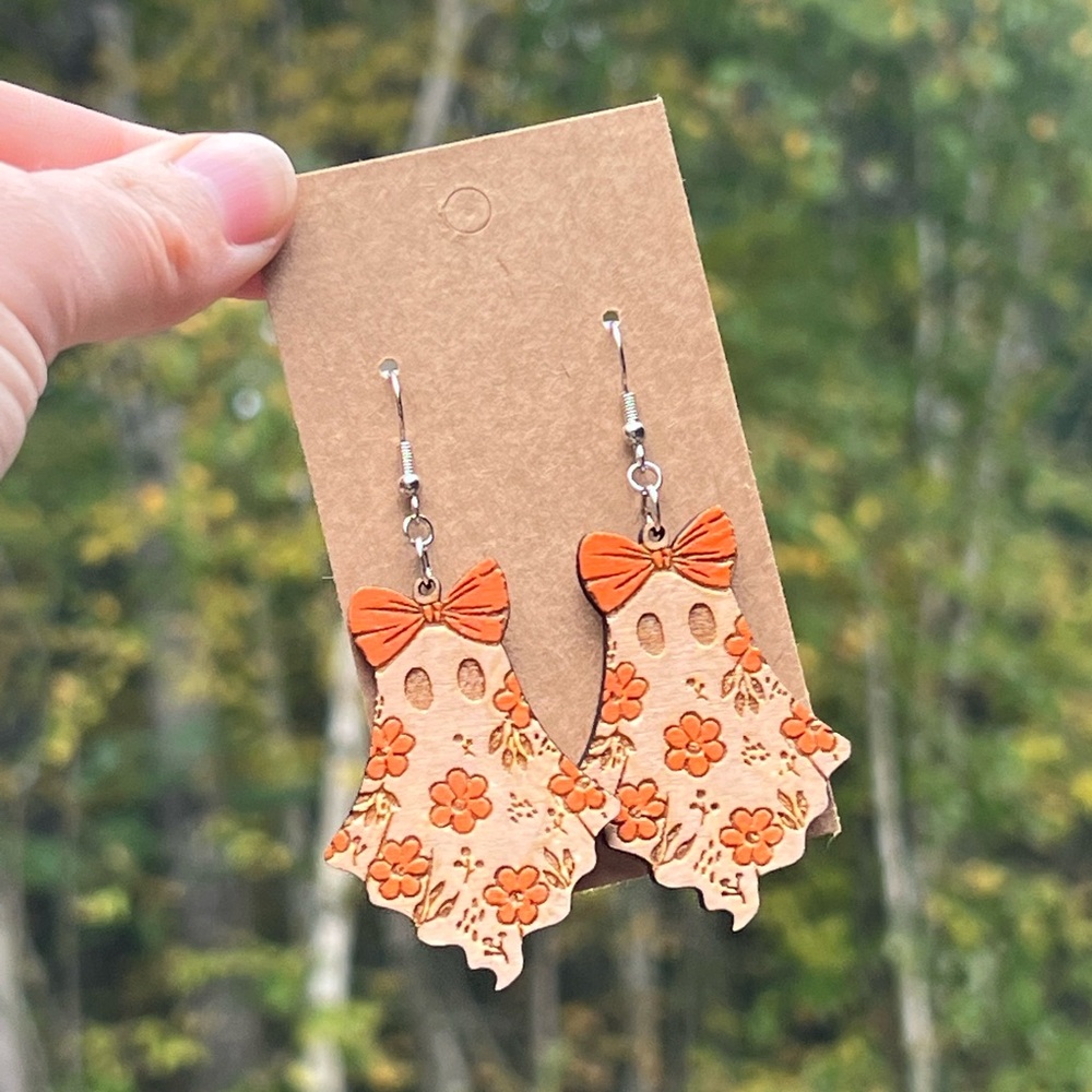 Laser Engraved Ghost and Floral Wood Earrings
